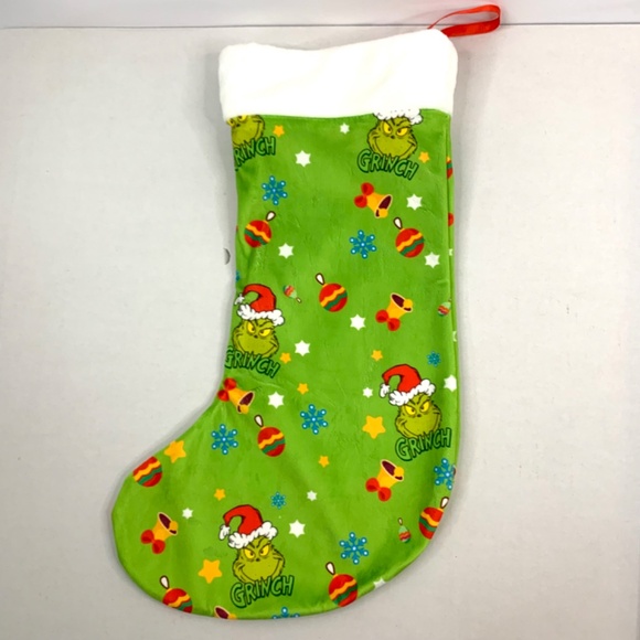 The Grinch Santa Hat Snowflake 17 inch long green red Holiday Christmas stocking - Picture 2 of 8